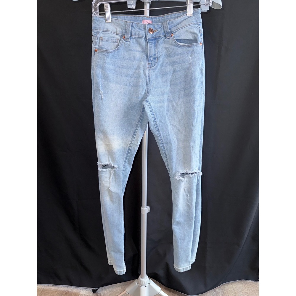 Victory Heart Girls Light Wash Distressed Skinny Jeans Size 14 Ripped Knee Denim